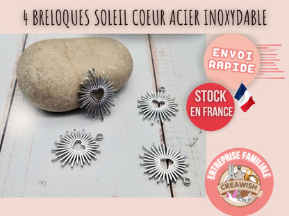 4 breloques soleil coeur acier inoxydable