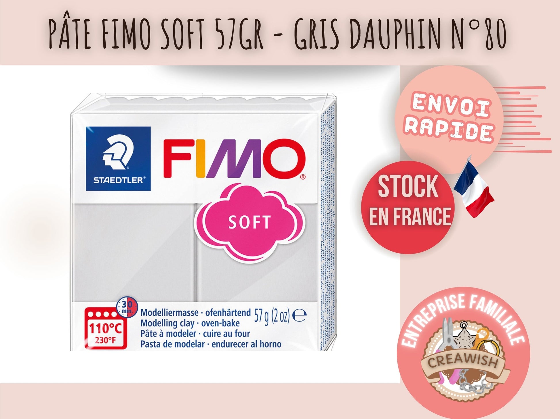 Pâte Fimo Soft 57g – Gris dauphin n°80