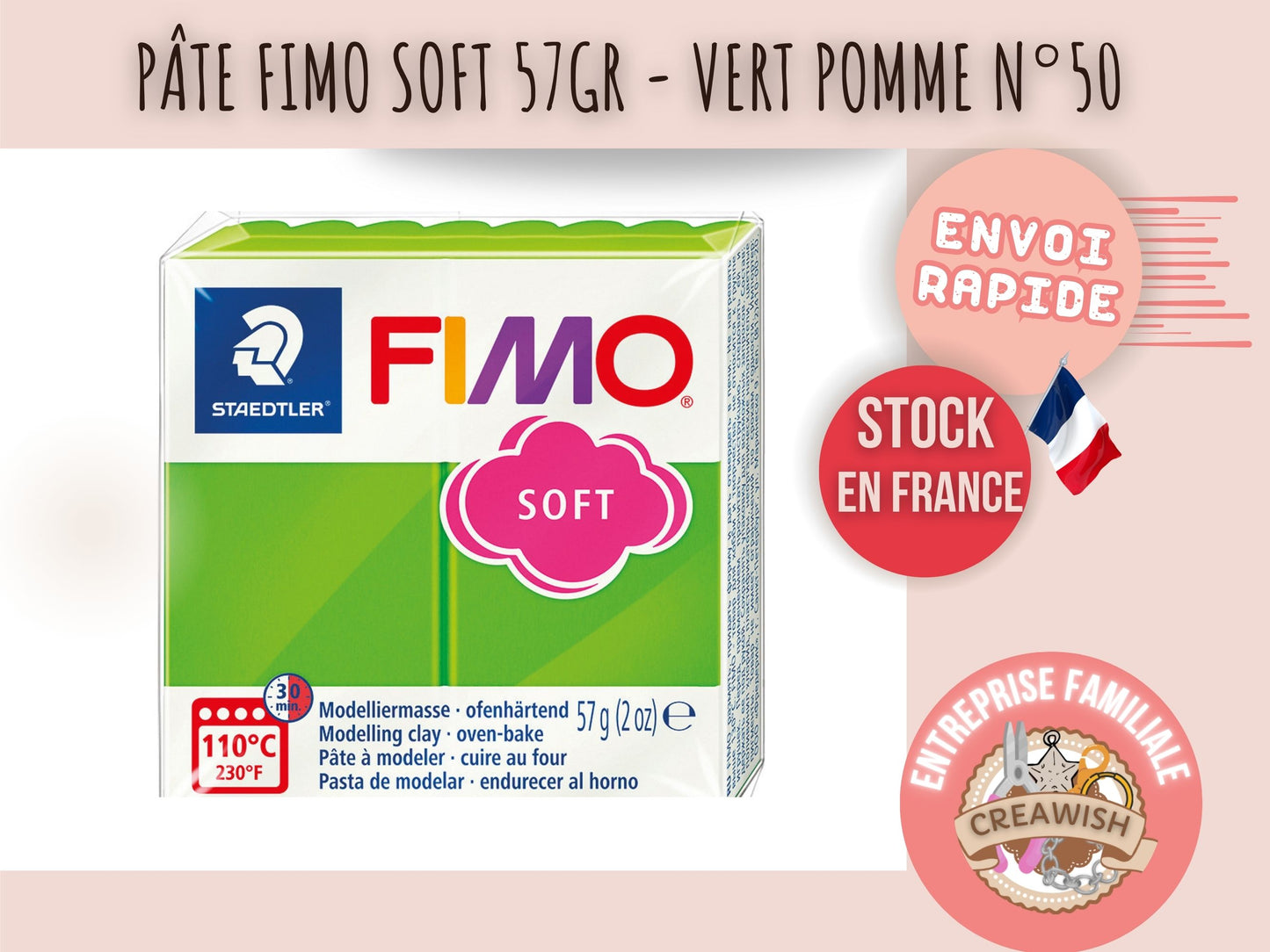 Pâte Fimo Soft 57g – Vert pomme n°50