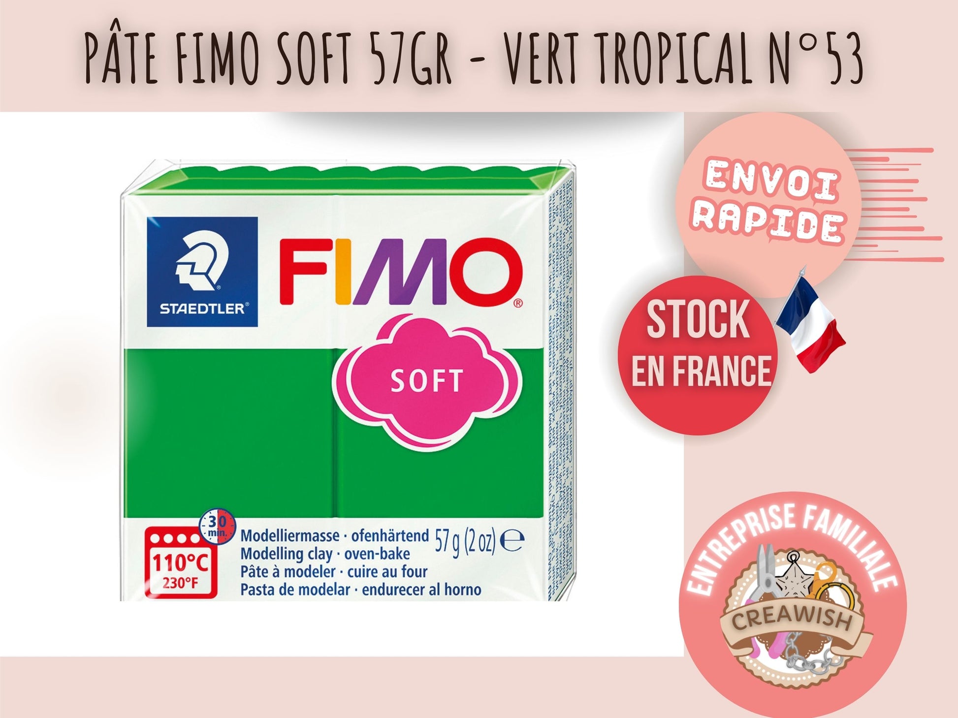 Pâte Fimo Soft 57g – Vert tropical n°53