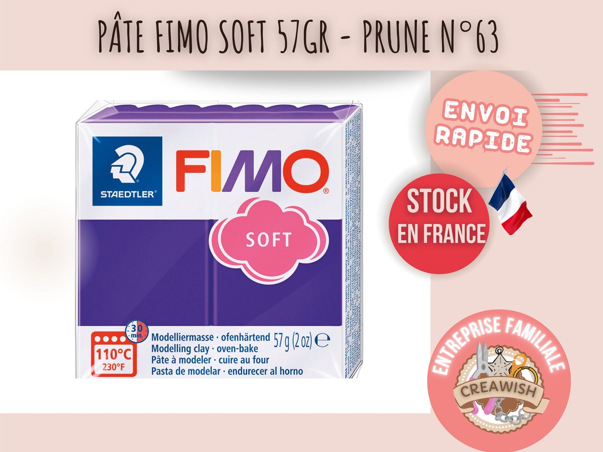 Pâte Fimo Soft 57g – Prune n°63