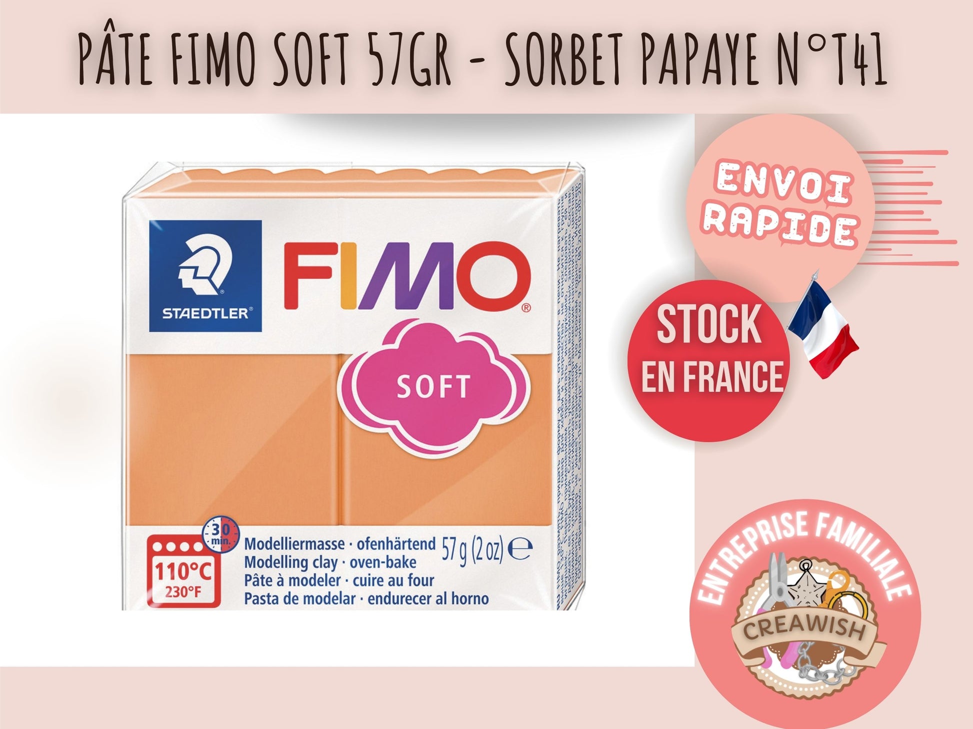 Pâte Fimo Soft 57g – Sorbet papaye n°T41