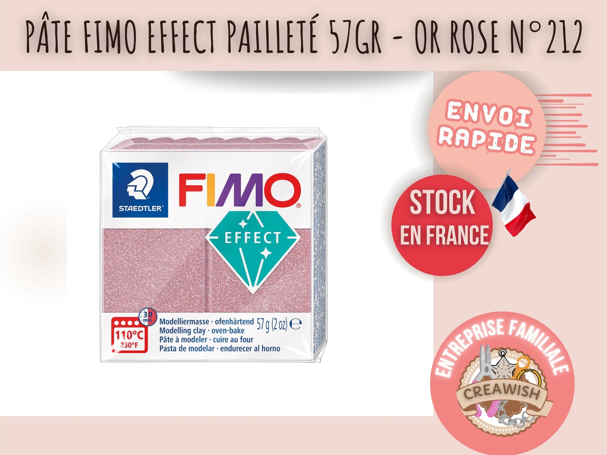Pâte Fimo Effect pailleté 57g – Or rose n°212