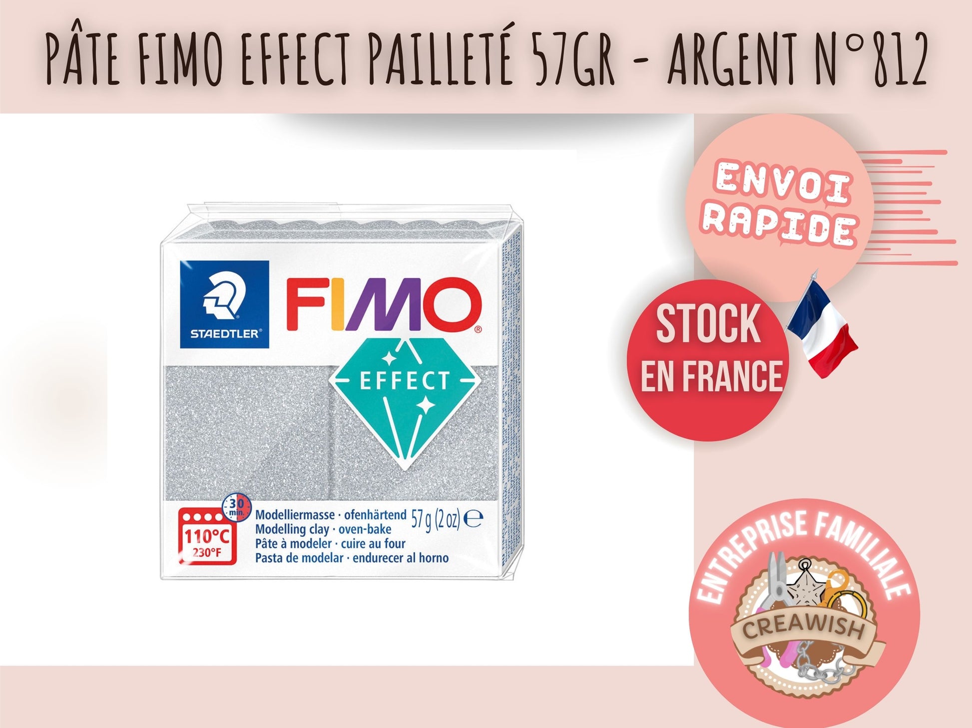 Pâte Fimo Effect pailleté 57g – Argent n°812