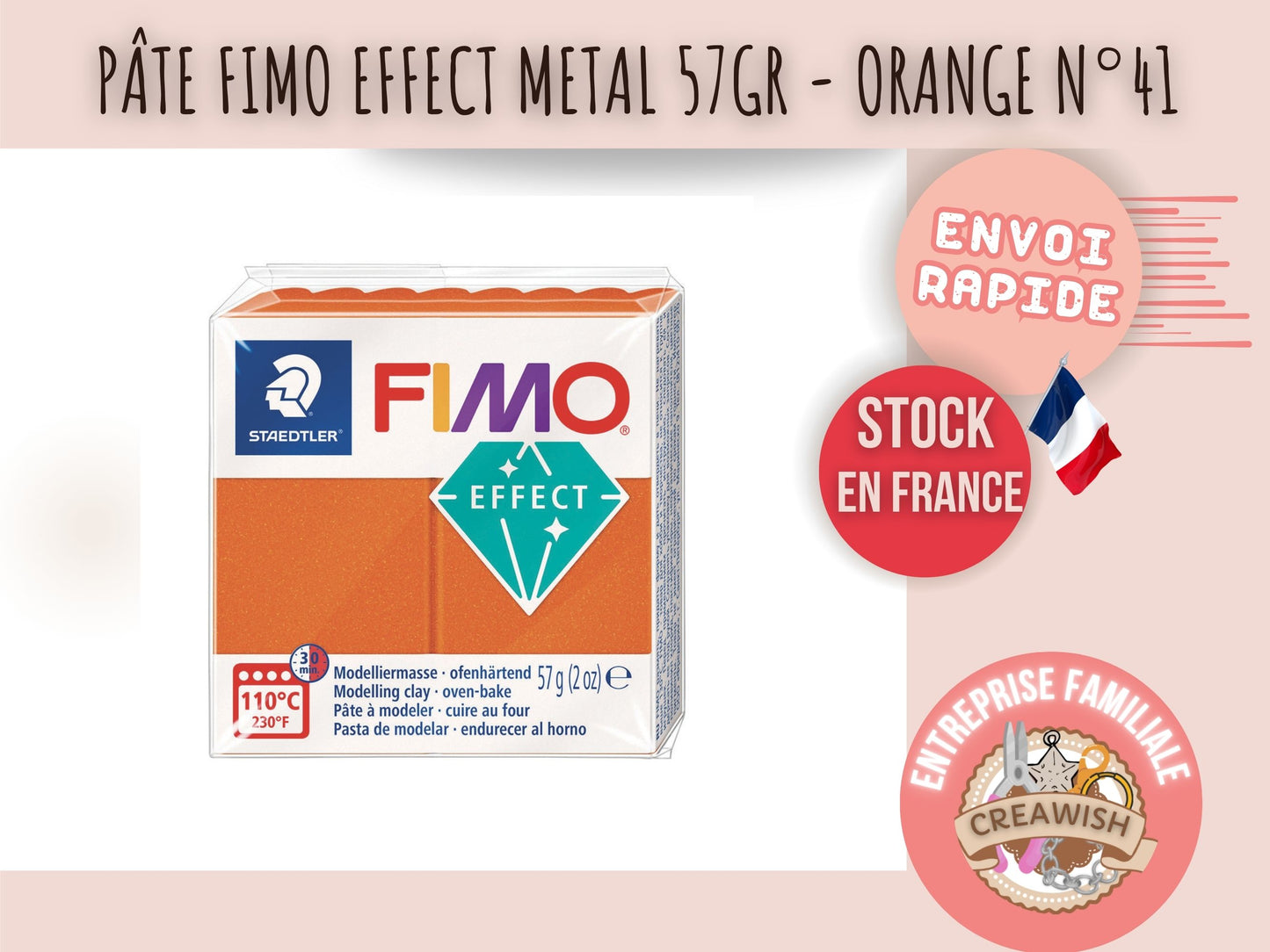 Pâte Fimo Effect métal 57g – Orange n°41