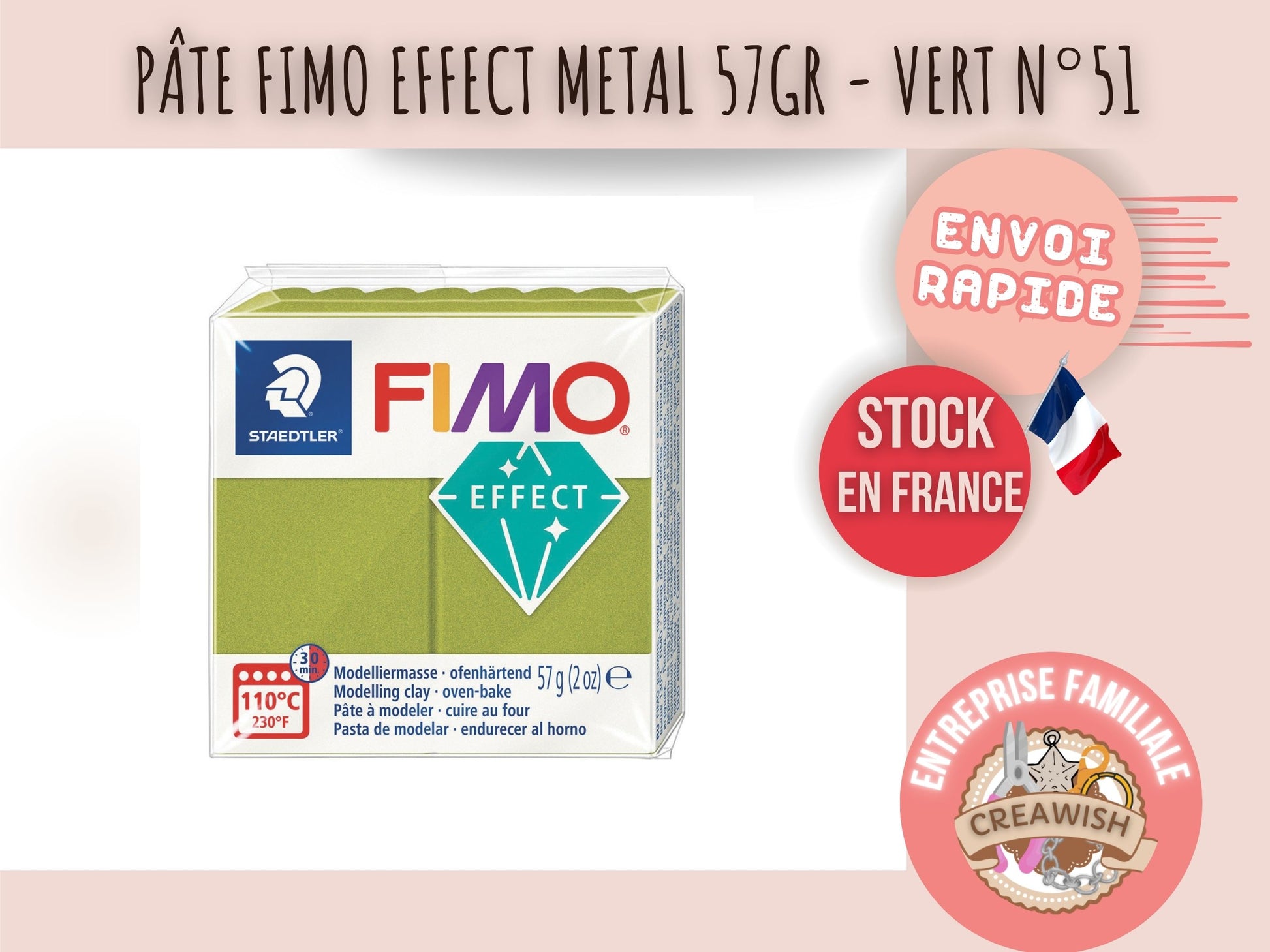 Pâte Fimo Effect métal 57g – Vert n°51