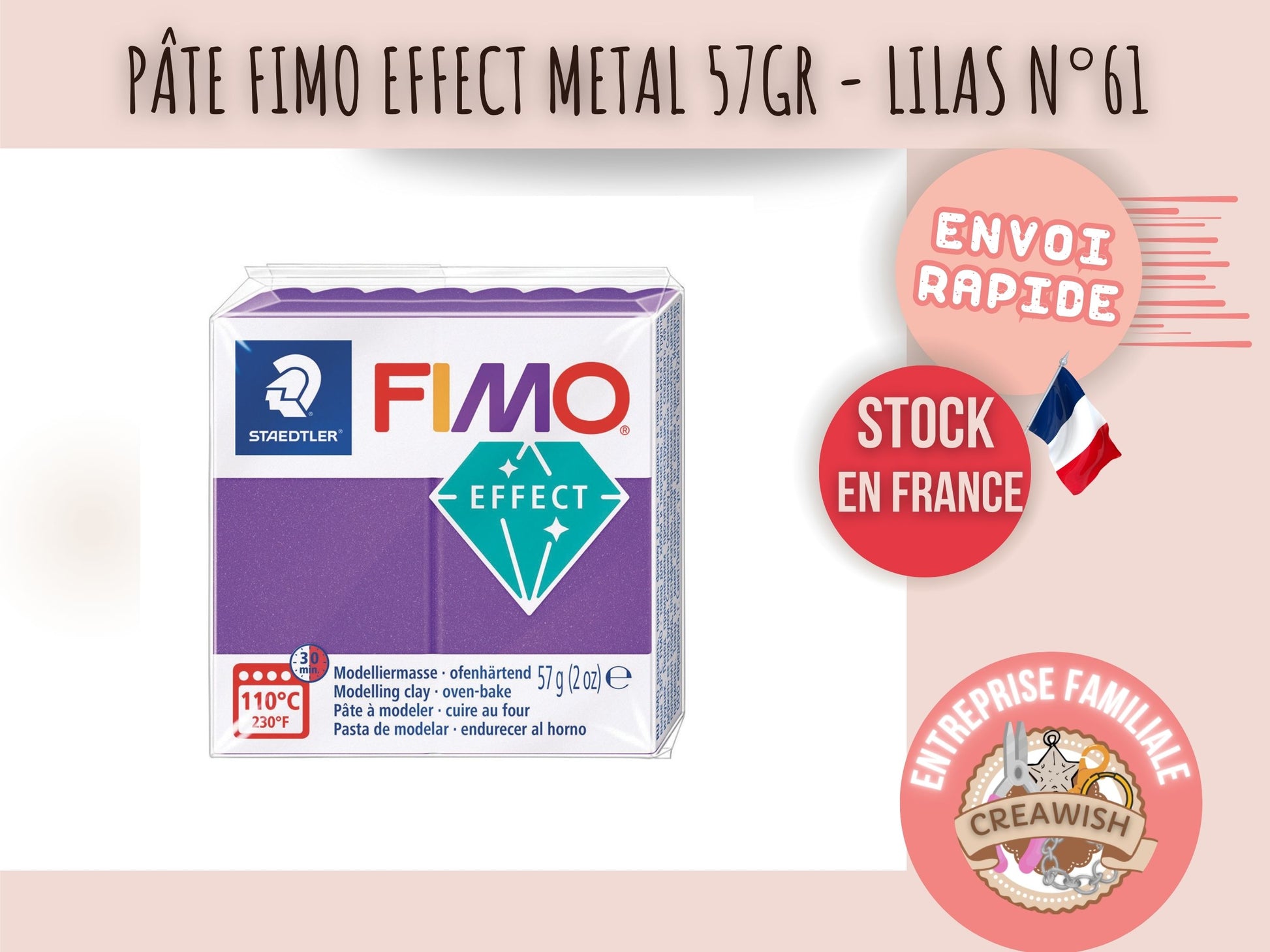 Pâte Fimo Effect métal 57g – Lilas n°61
