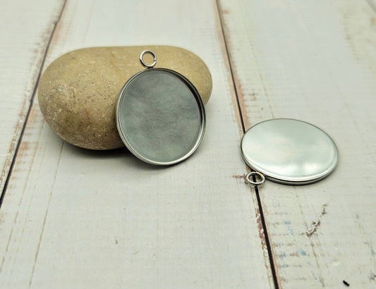 10 pendentifs plateau cabochon 25mm en acier inoxydable