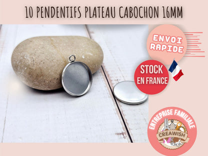 10 pendentifs plateau cabochon 16mm en acier inoxydable