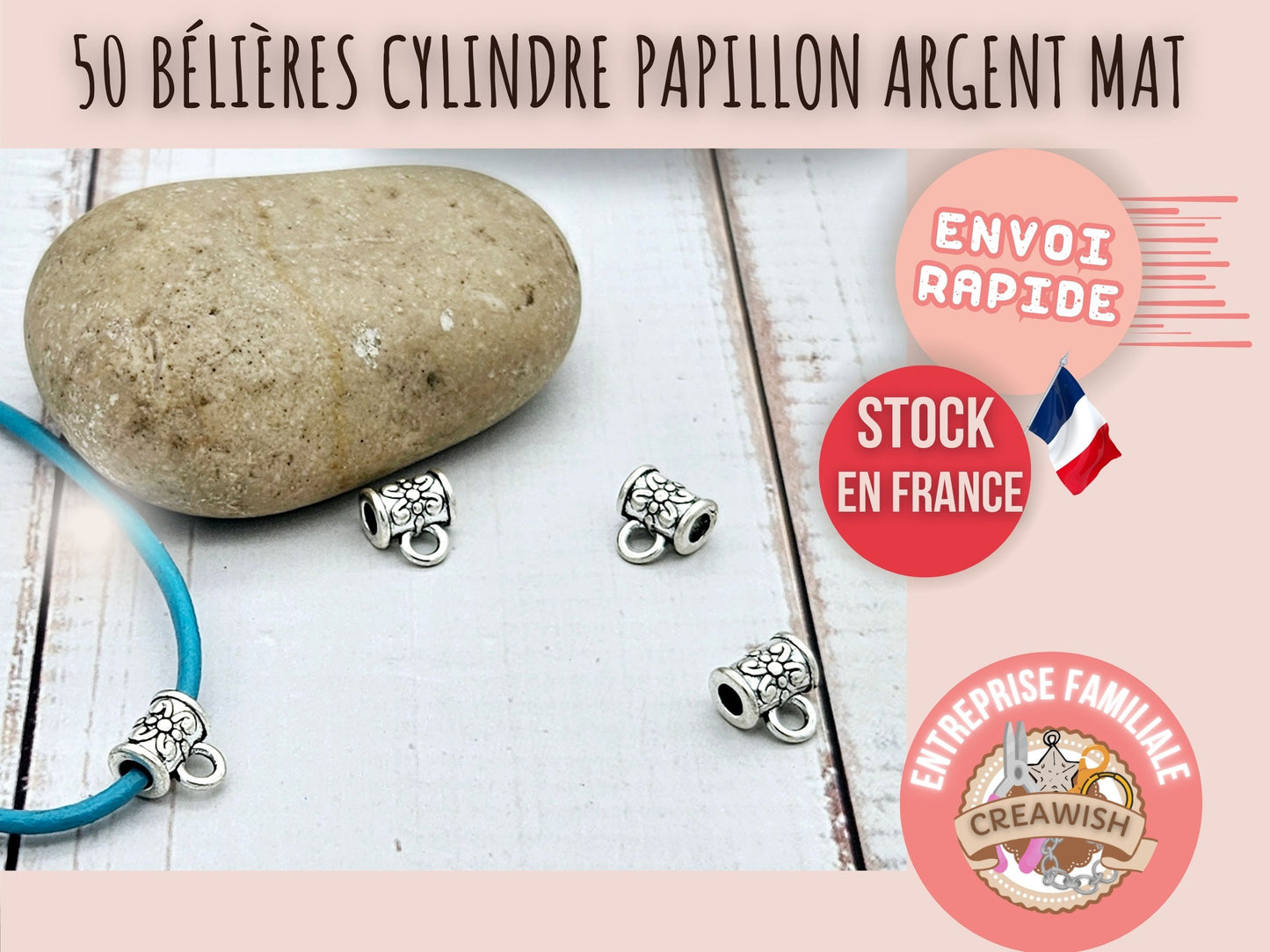 50 bélières cylindre papillon argent mat