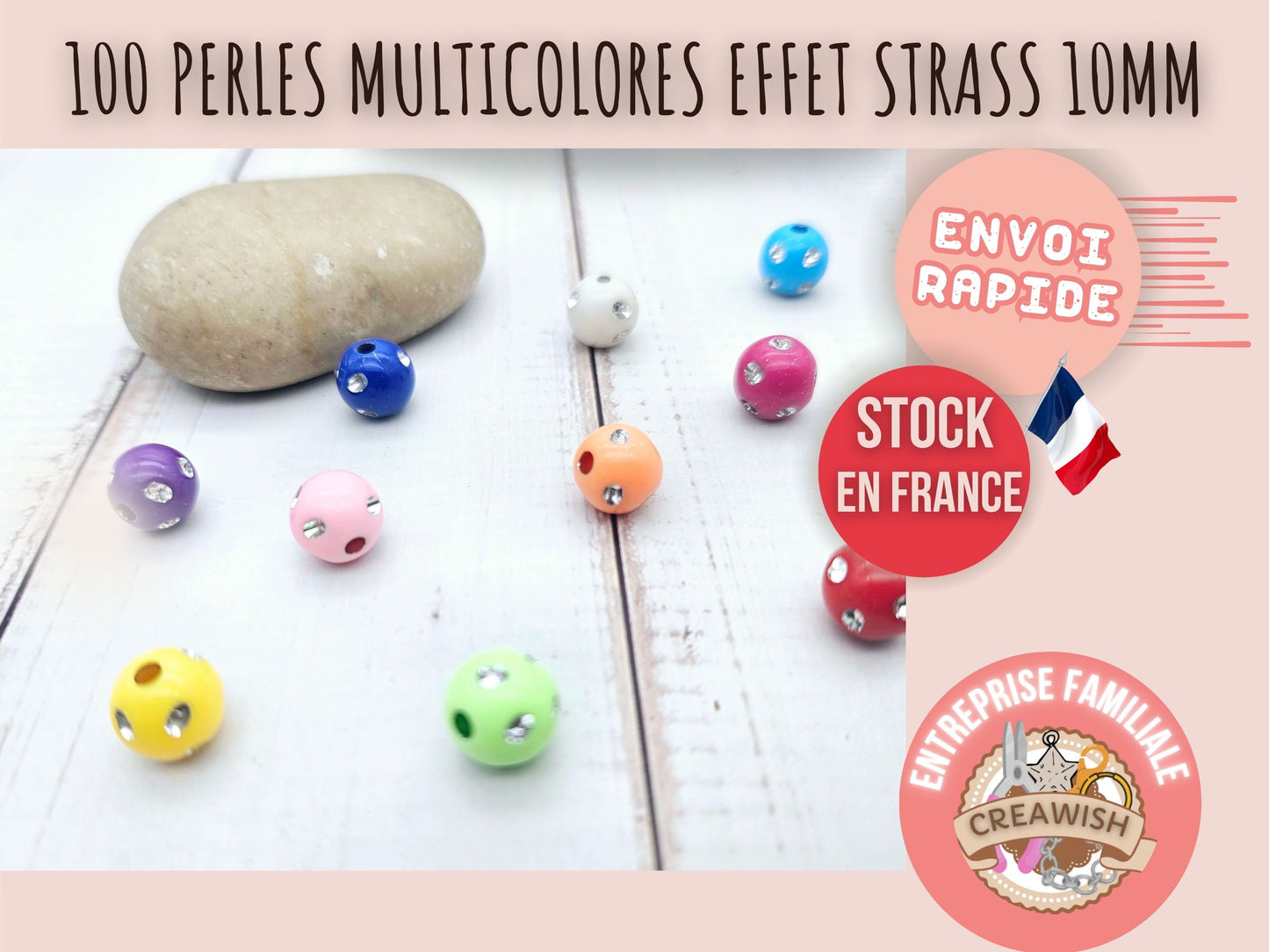100 perles multicolores effet strass 10mm