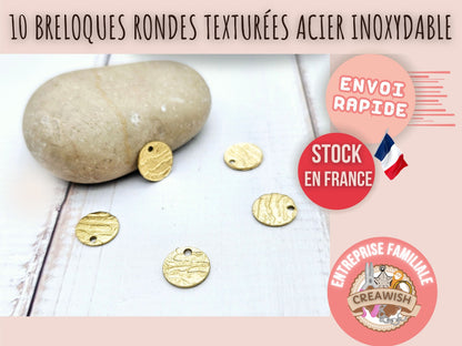 10 breloques rondes plates texturées 10mm acier inoxydable doré