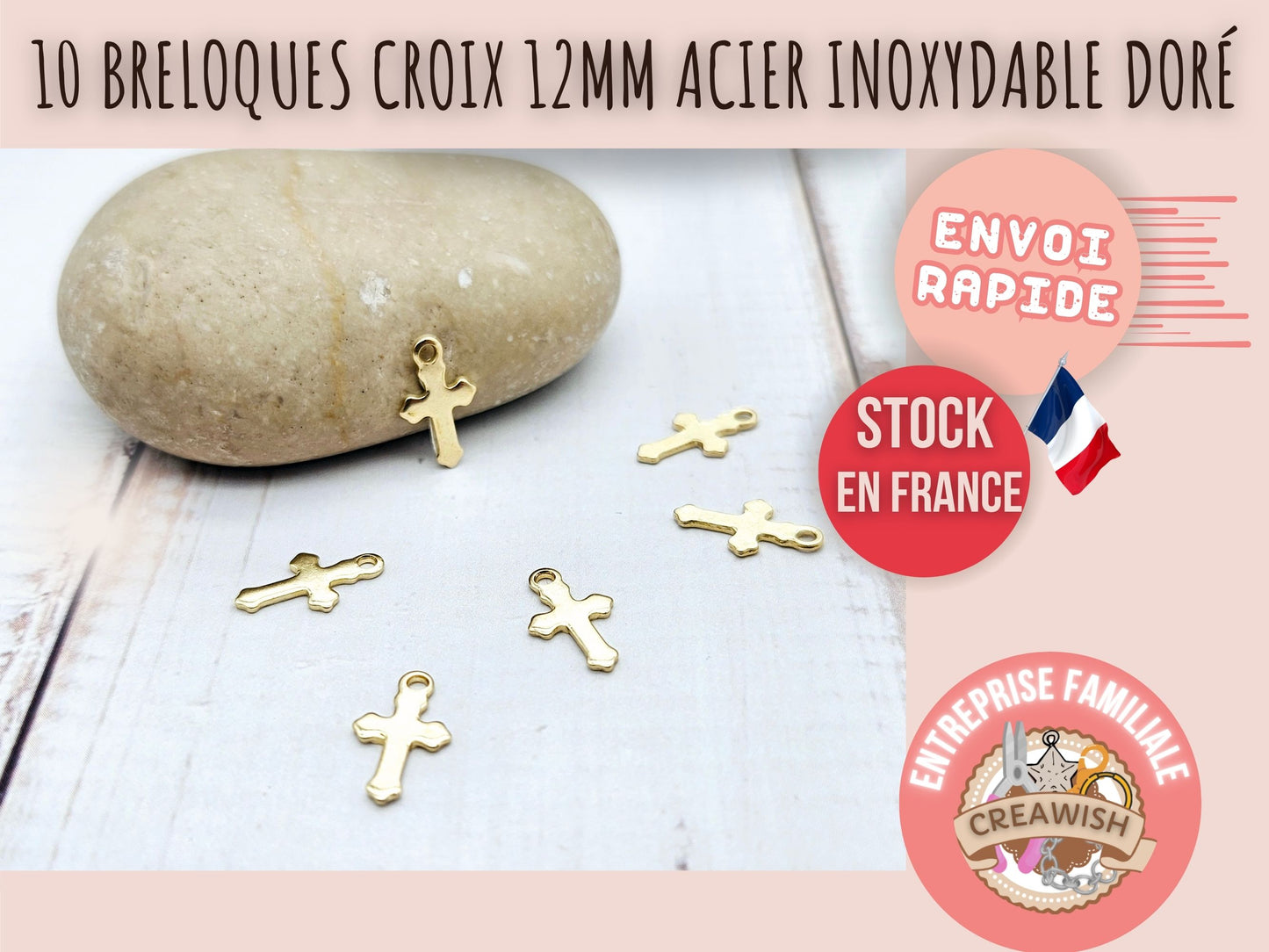 10 breloques croix religion 12mm acier inoxydable doré