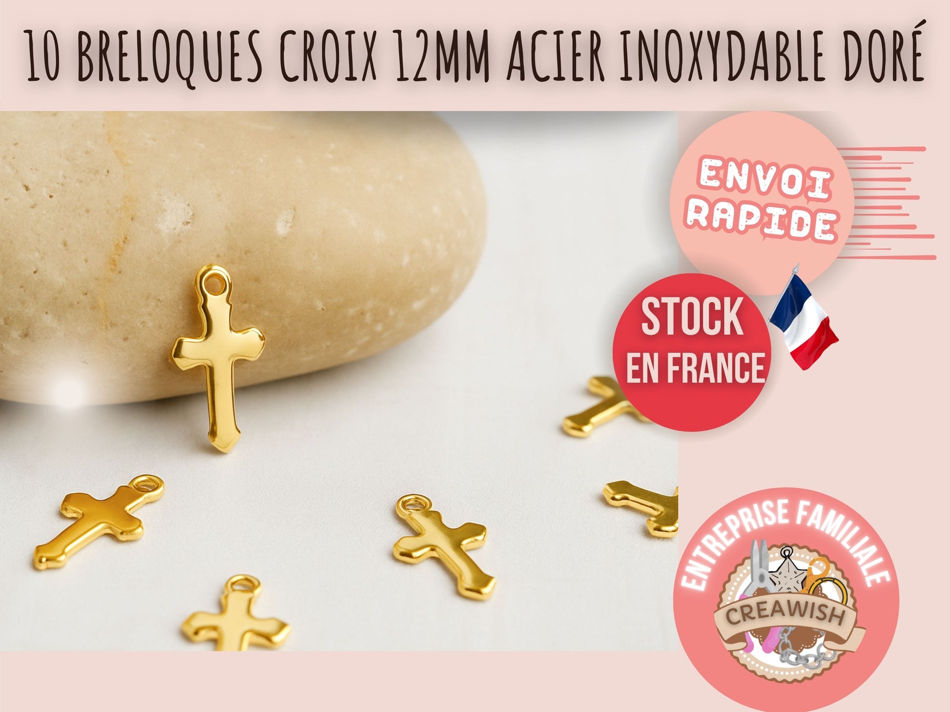 10 breloques croix religion 12mm acier inoxydable doré