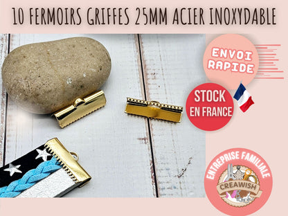 10 embouts fermoirs griffes 25mm acier inoxydable doré