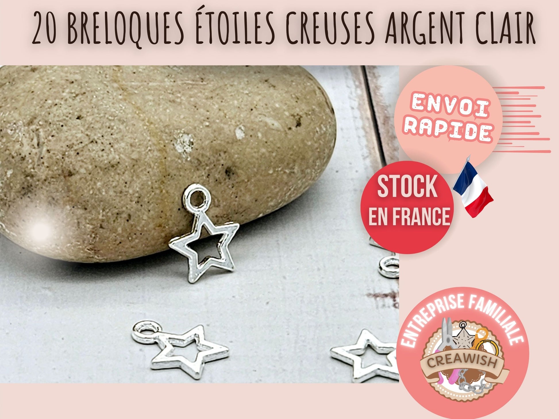 20 breloques étoiles creuses argent clair