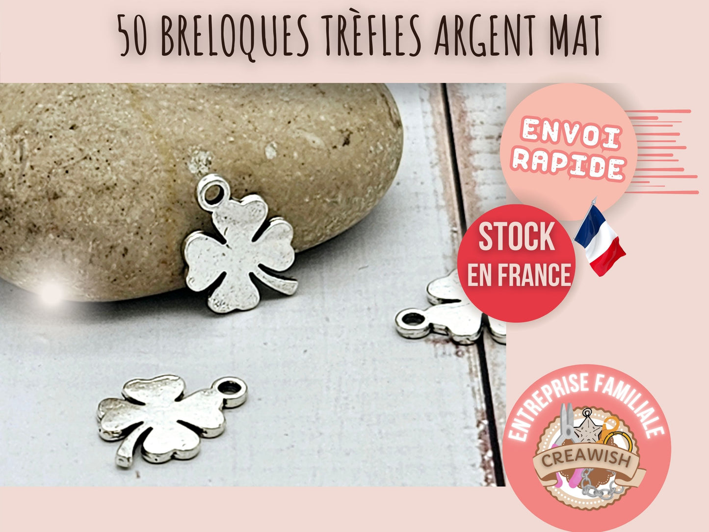 50 breloques trèfle argent mat