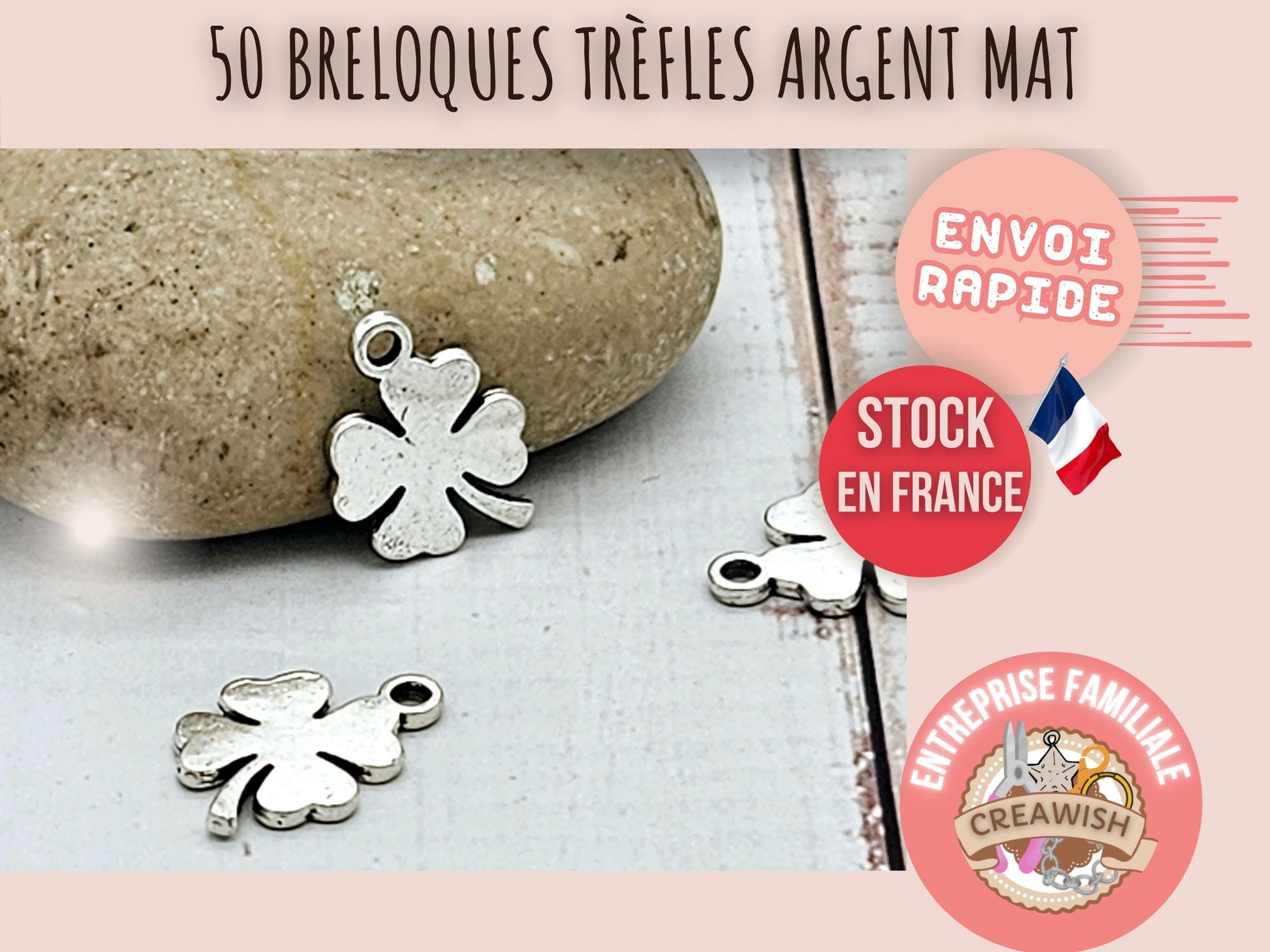 50 breloques trèfle argent mat
