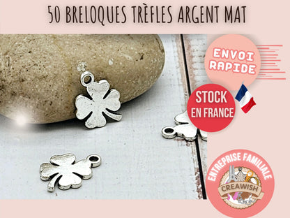 50 breloques trèfle argent mat