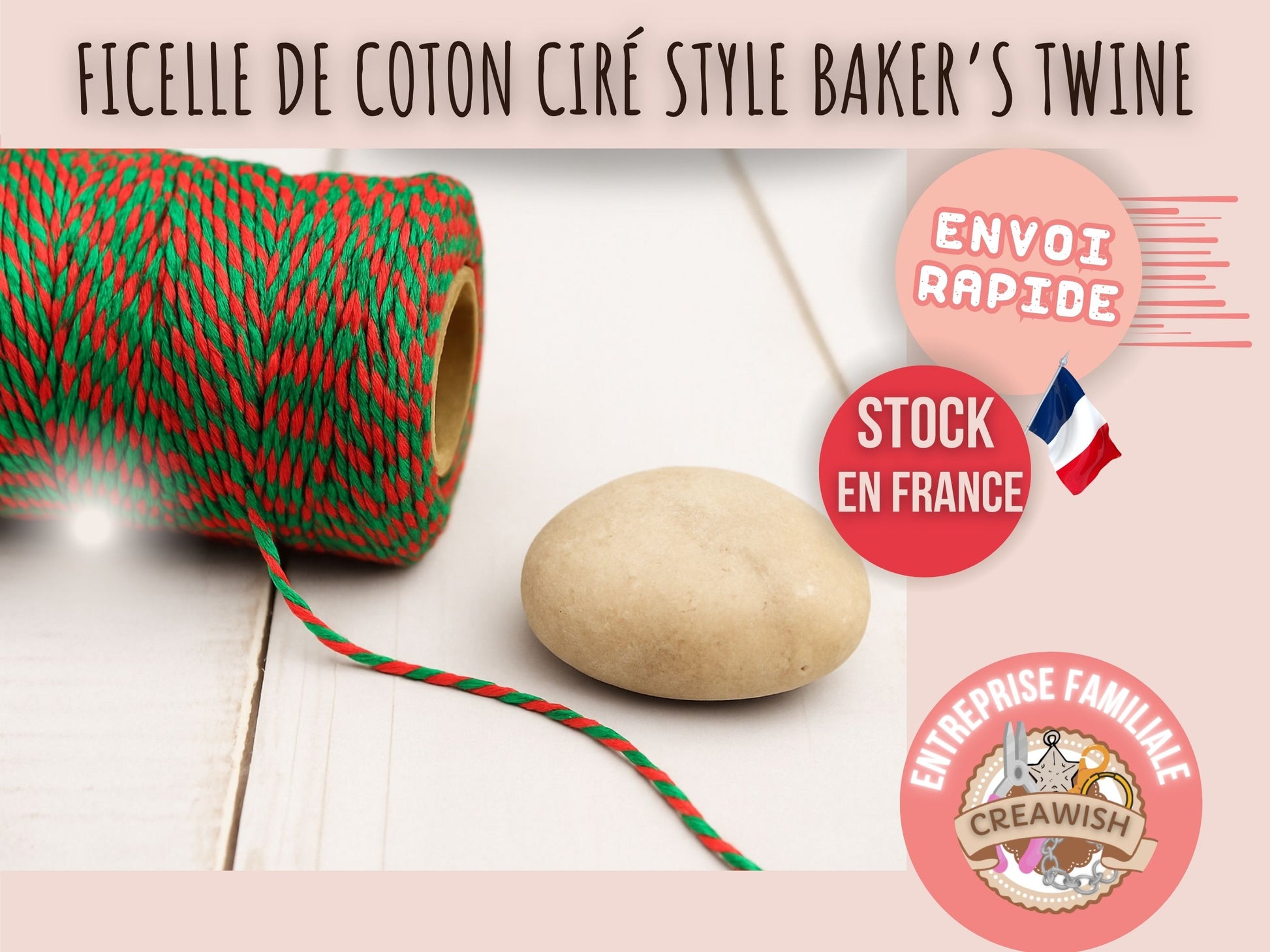 Bobine de ficelle style Baker’s Twine rouge et vert – 100 mètres