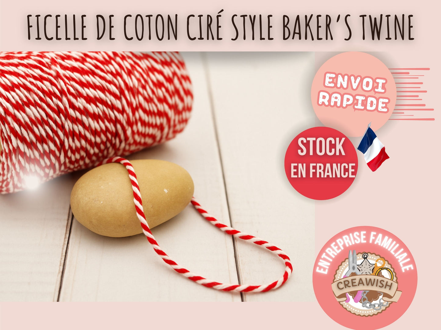 Bobine de ficelle style Baker’s Twine rouge et blanc – 100 mètres