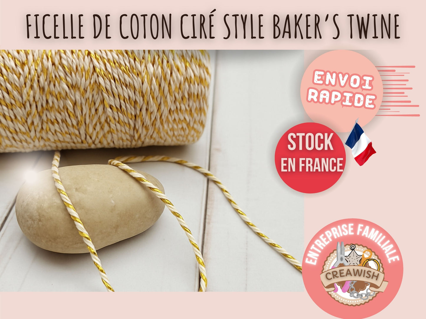 Bobine de ficelle style Baker’s Twine blanc crème et doré – 100 mètres