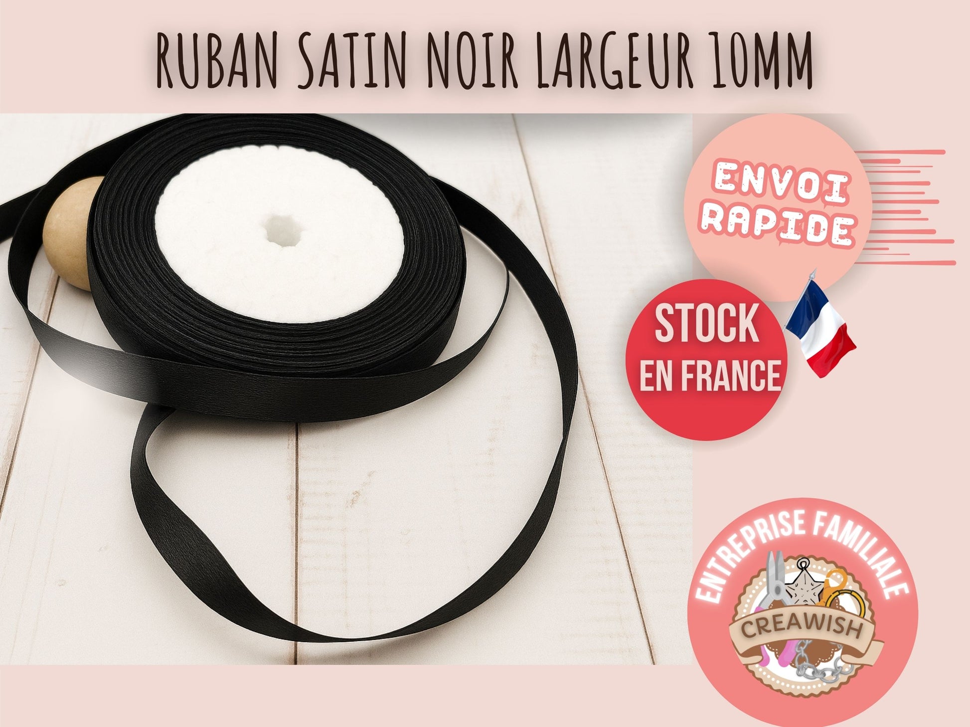 Ruban satin noir 22 mètres – Largeur 10 mm