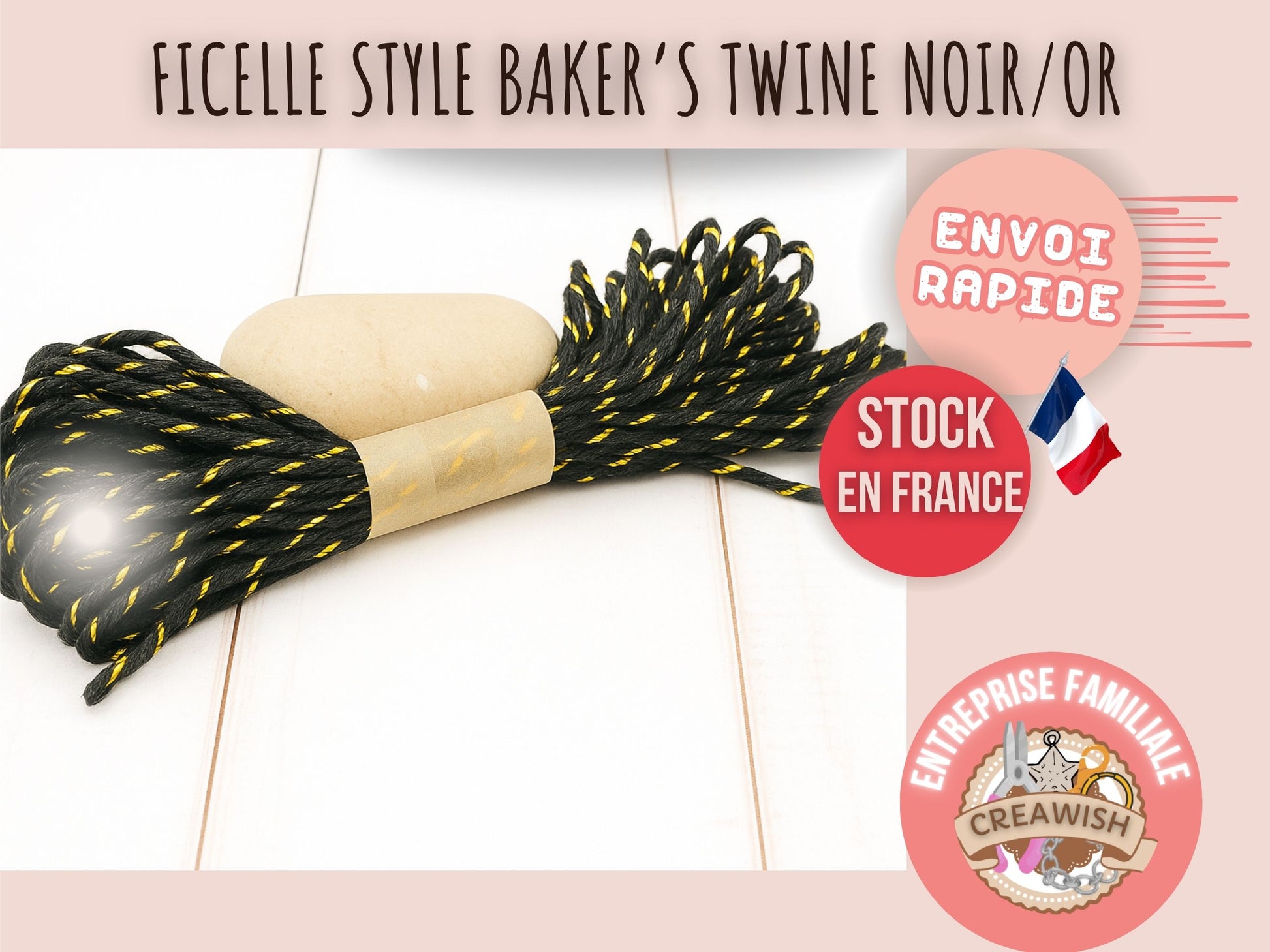 Ficelle style Baker’s Twine noir et or – 10 mètres