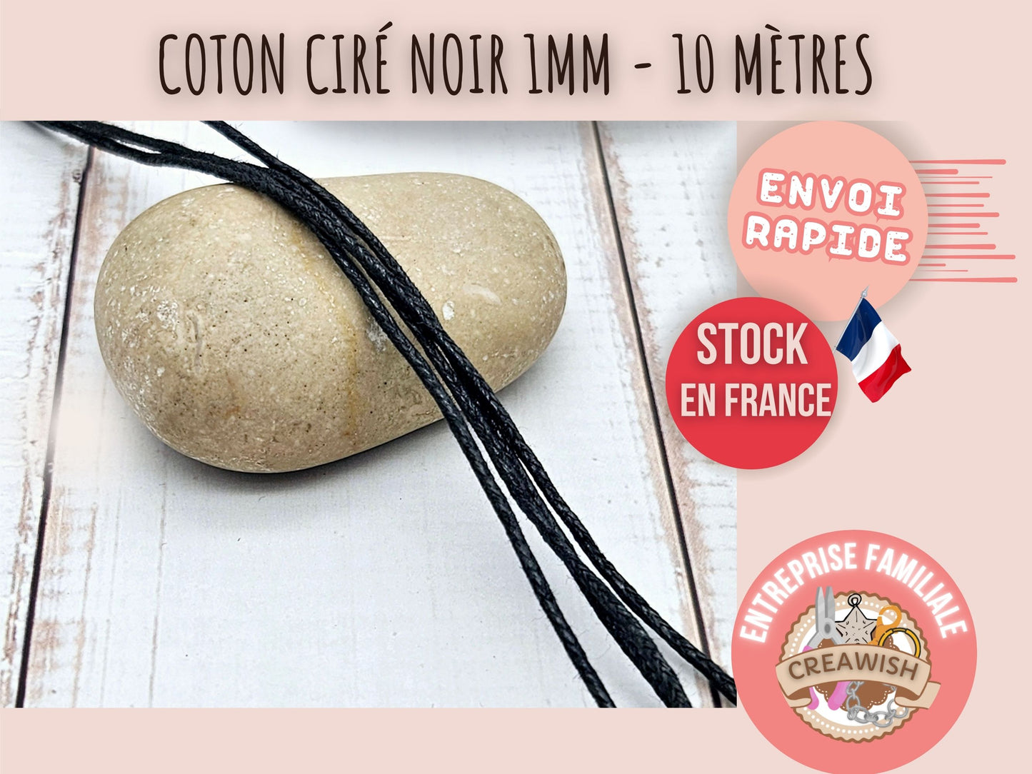 Cordon en coton ciré noir 1mm - 10 mètres