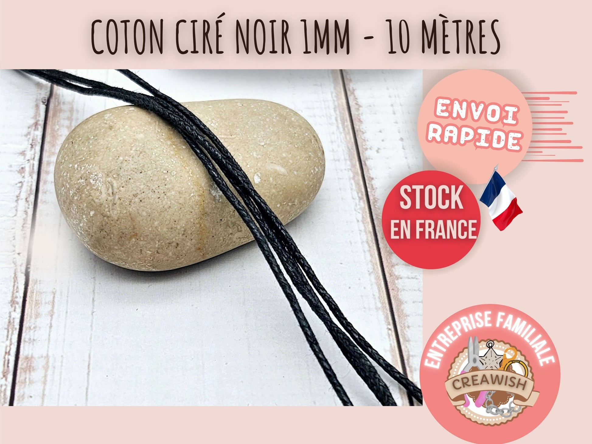 Cordon en coton ciré noir 1mm - 10 mètres