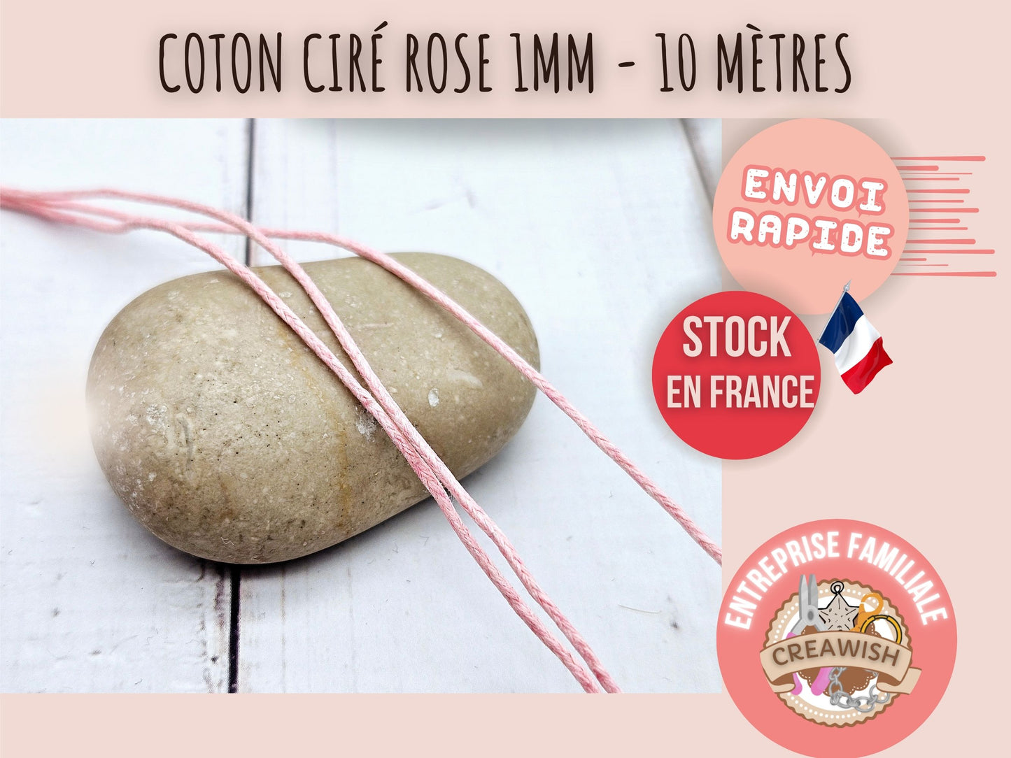 Cordon en coton ciré rose 1mm - 10 mètres