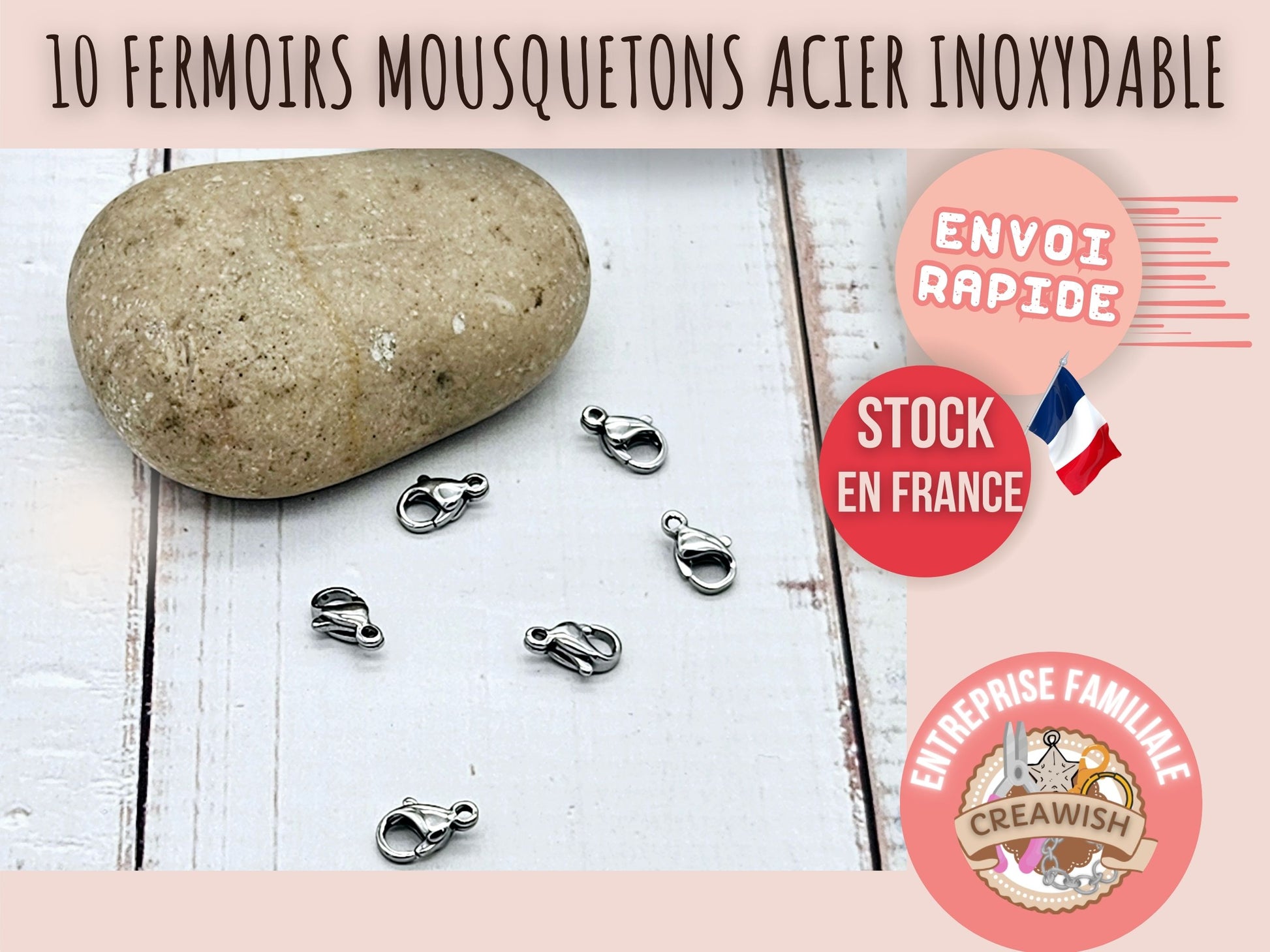 10 fermoirs mousquetons 9mm acier inoxydable