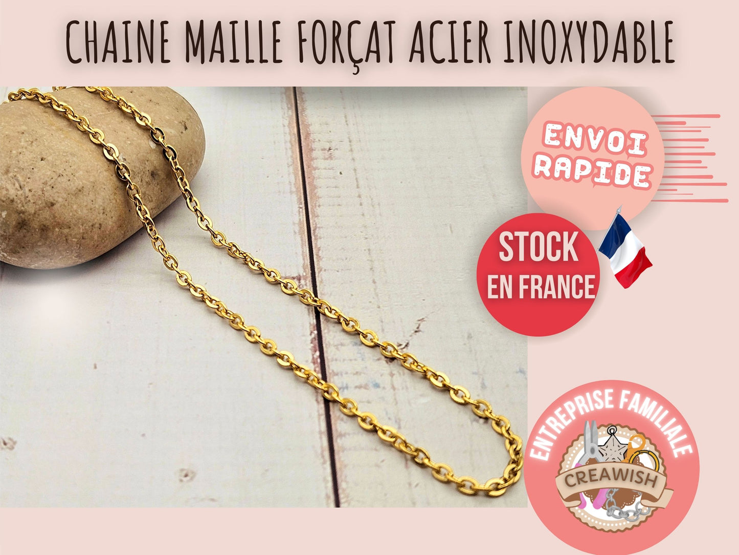 Chaîne maille forçat acier inoxydable doré 3x2,5mm