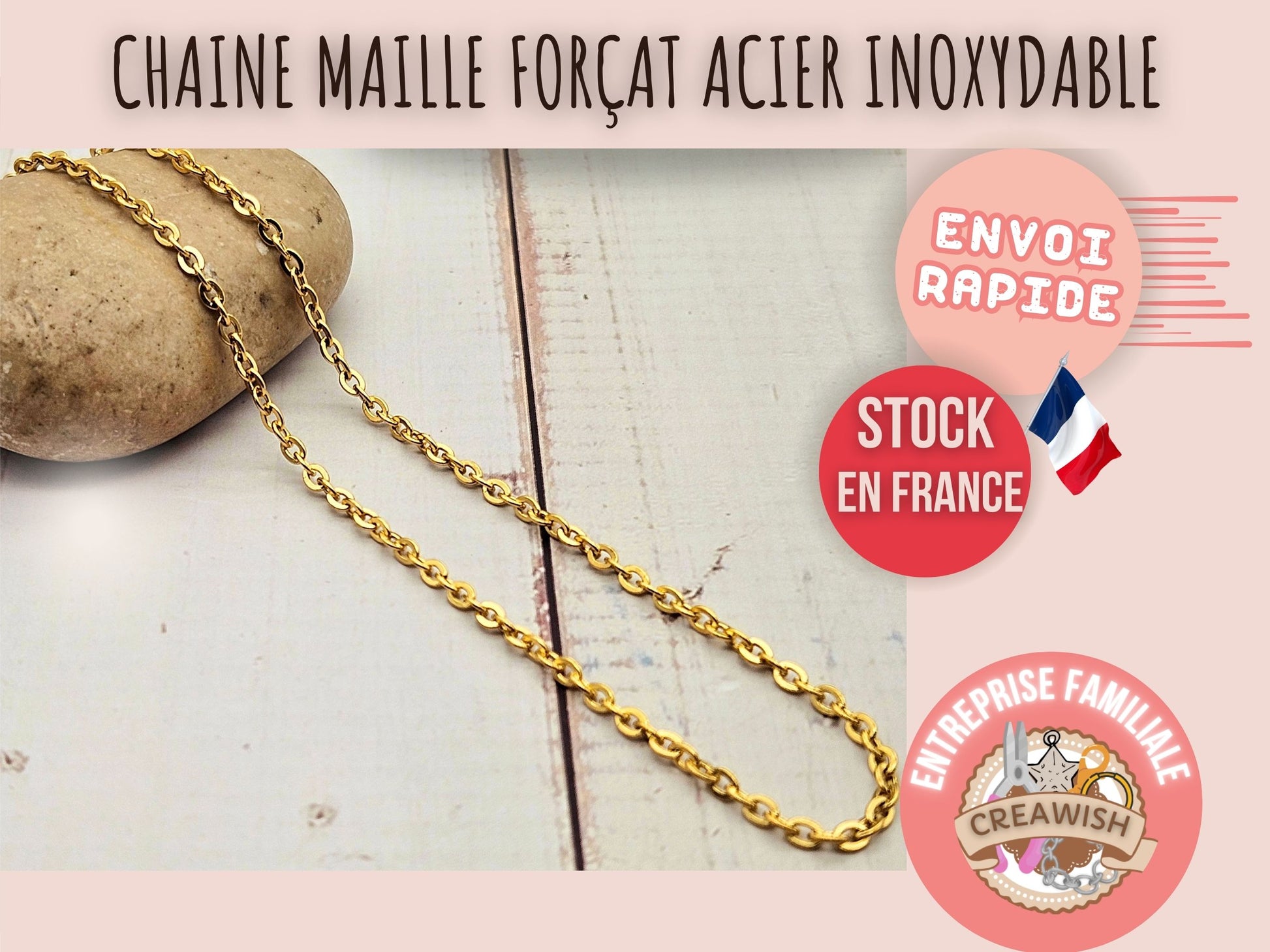 Chaîne maille forçat acier inoxydable doré 3x2,5mm