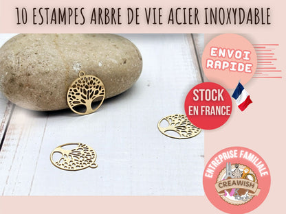 10 estampes arbre de vie acier inoxydable doré