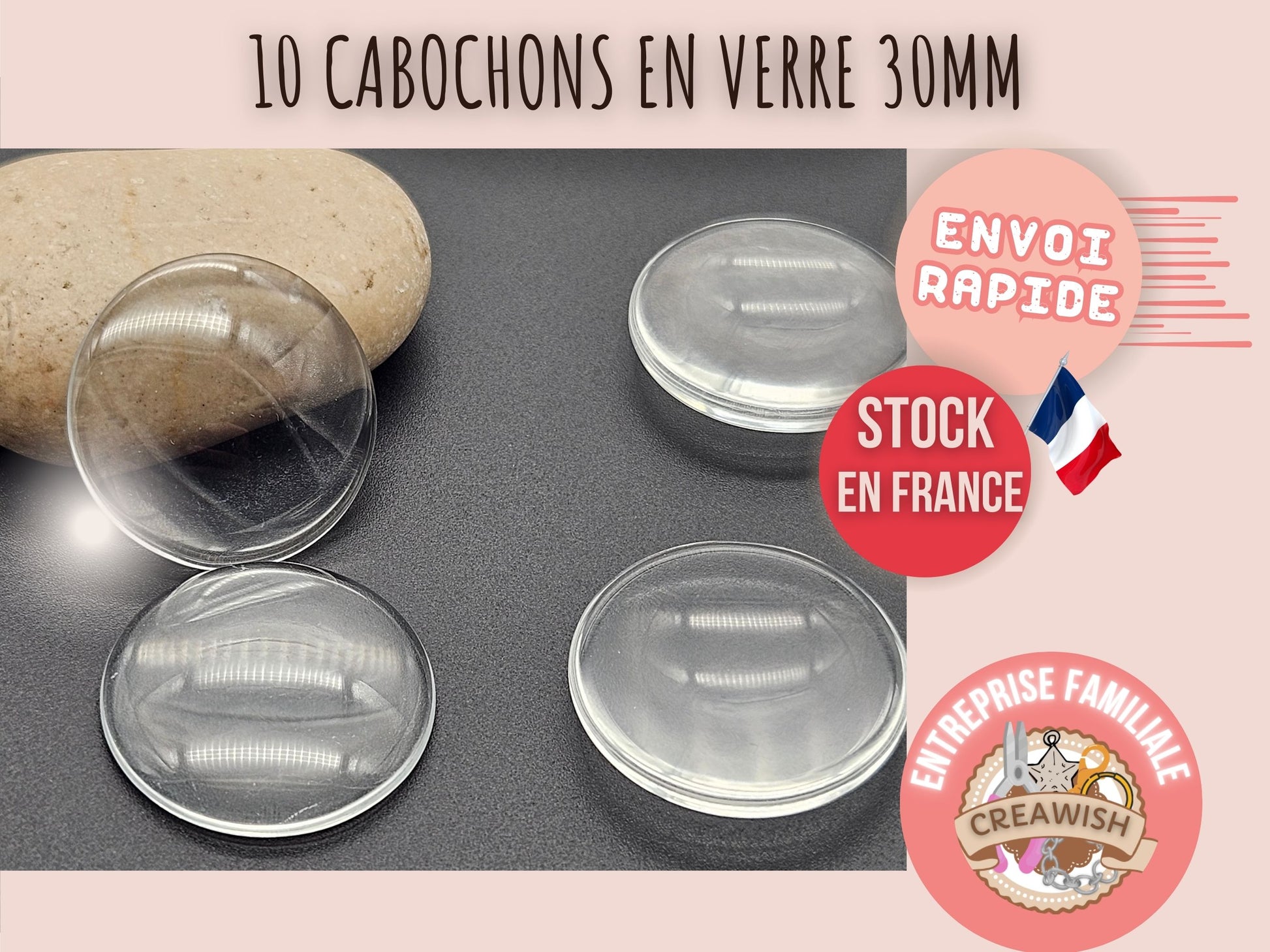 10 cabochons en verre 30mm