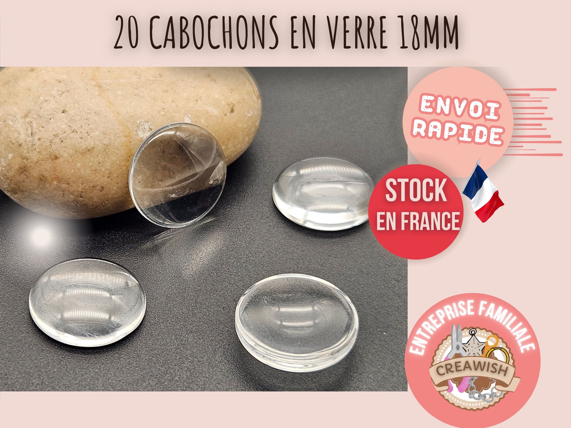 20 cabochons en verre 18mm
