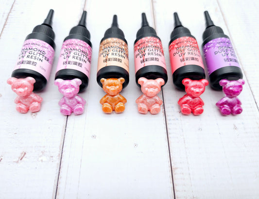 6 flacons de résine UV pailletée série rouge