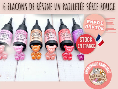 6 flacons de résine UV pailletée série rouge