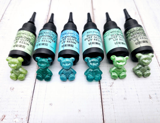 6 flacons de résine UV pailletée série verte