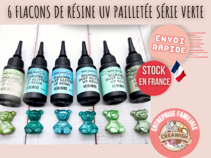 6 flacons de résine UV pailletée série verte
