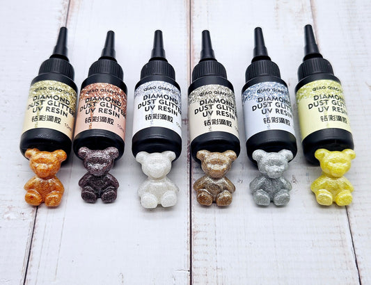 6 flacons de résine UV pailletée série gold