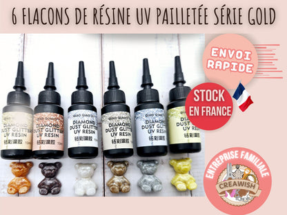 6 flacons de résine UV pailletée série gold