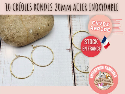 10 créoles rondes 20mm acier inoxydable dorées
