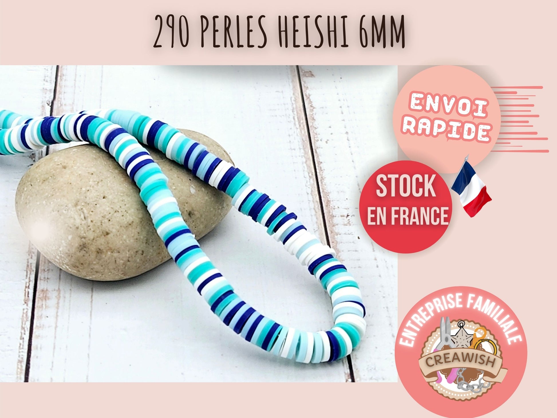 290 perles heishi tons bleu turquoise blanc 6mm