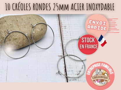 10 créoles rondes 25mm acier inoxydable