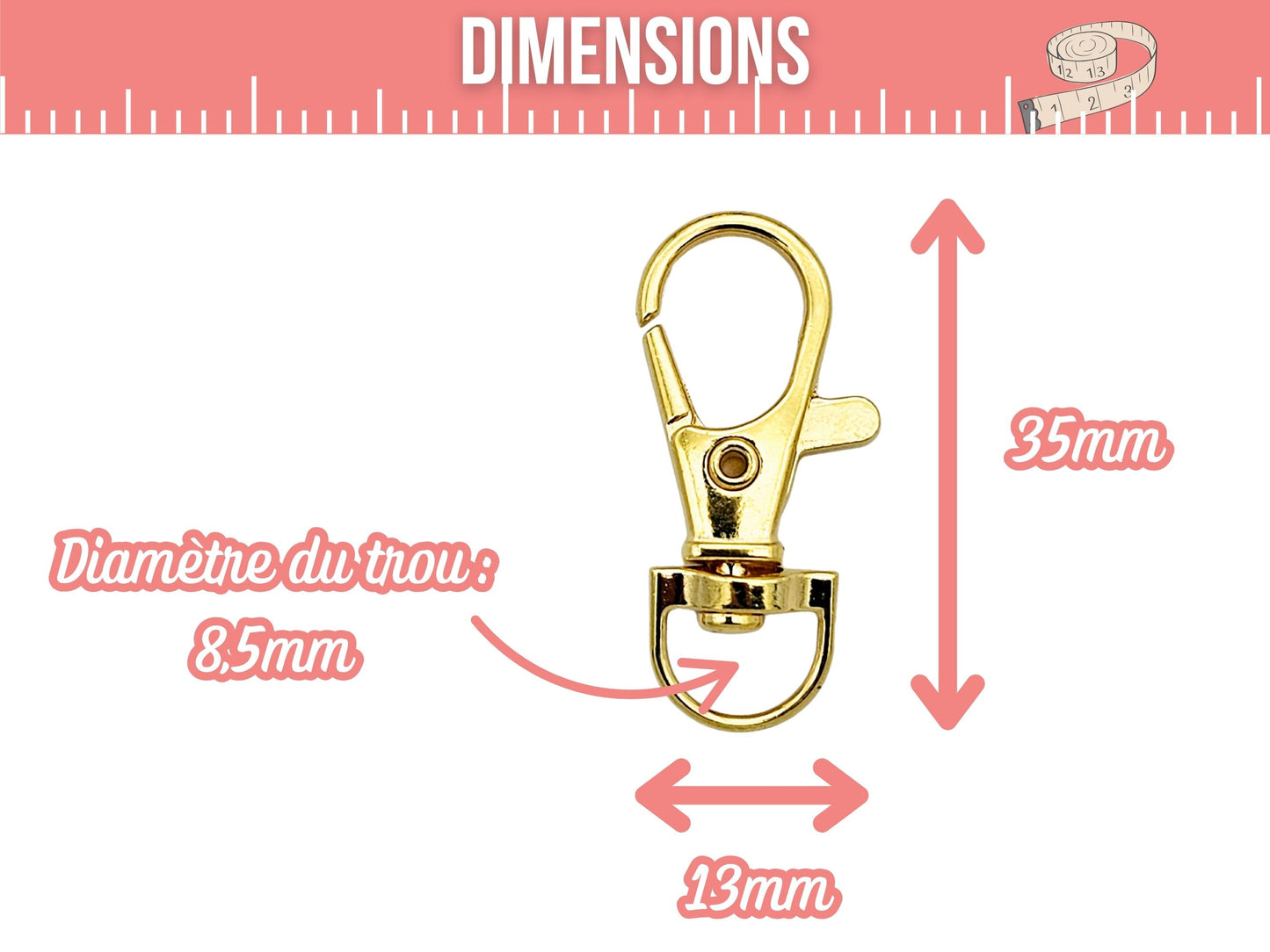 10 attache fermoir mousqueton porte-clés dorés 35mm