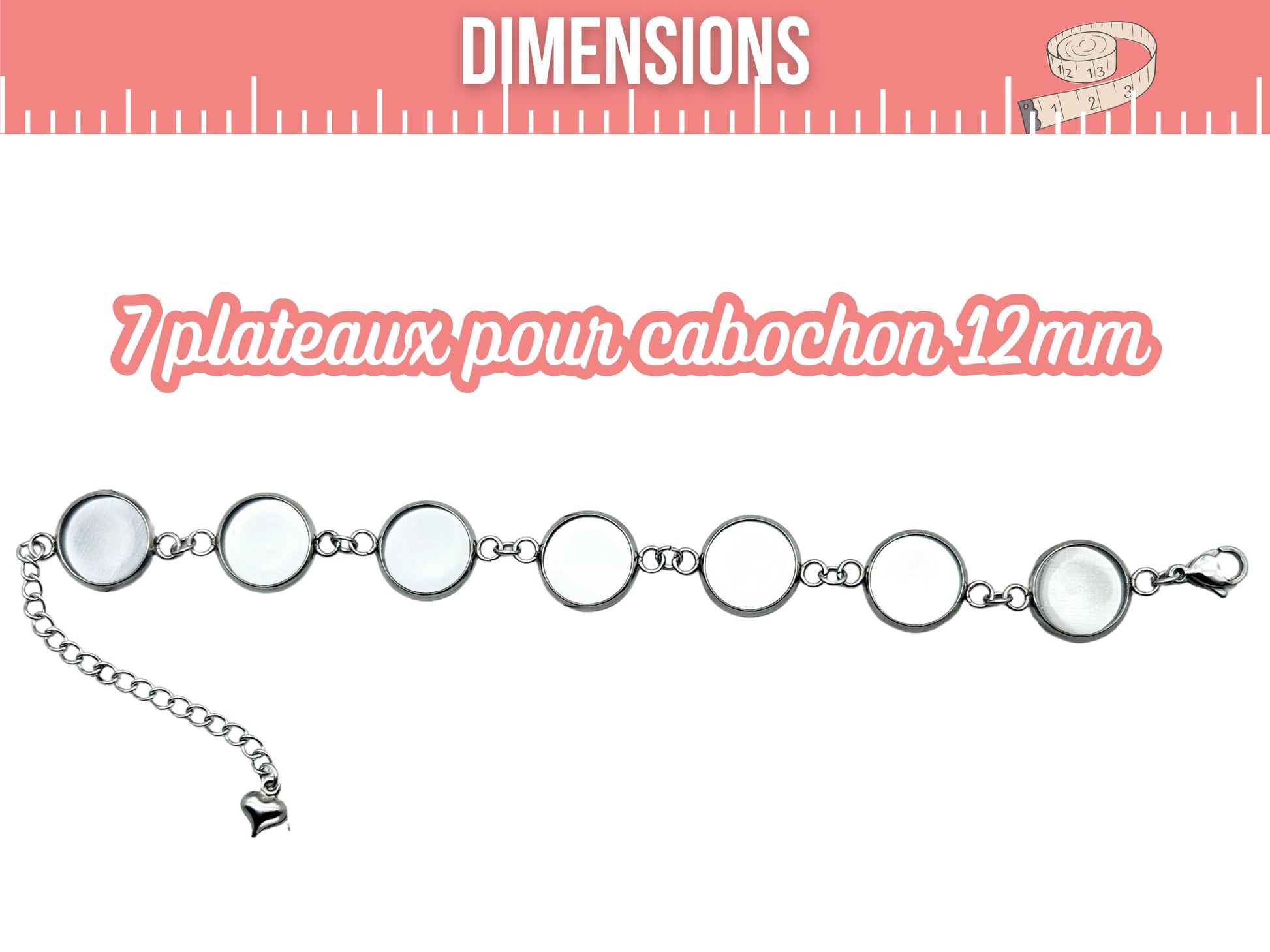2 bracelets 7 plateaux cabochon 12mm acier inoxydable