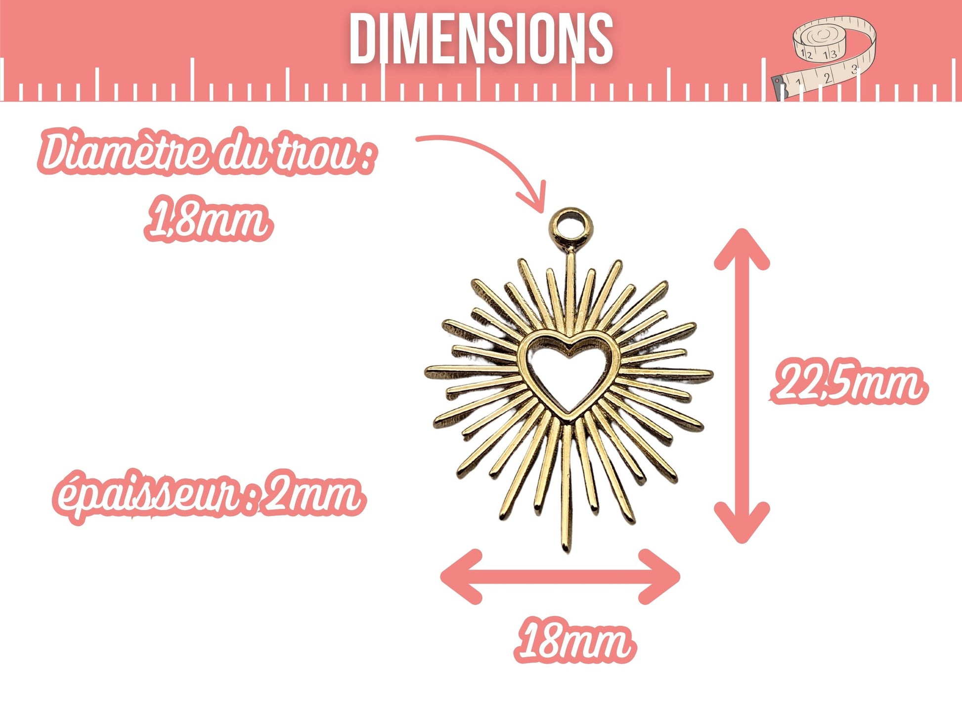 4 breloques soleil coeur acier inoxydable doré