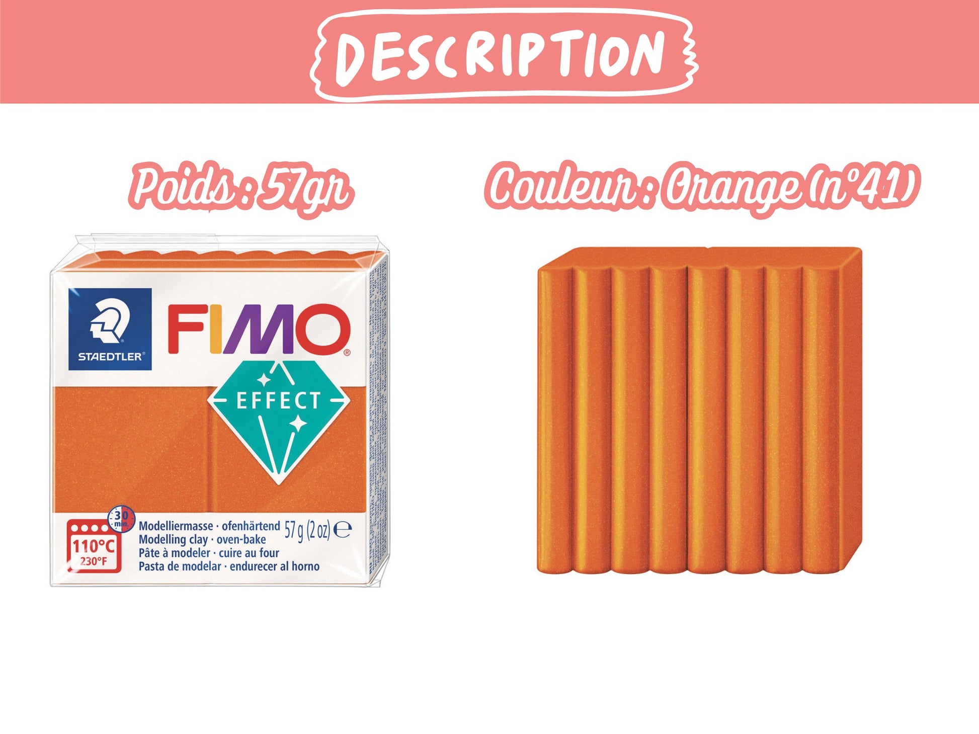 Pâte Fimo Effect métal 57g – Orange n°41